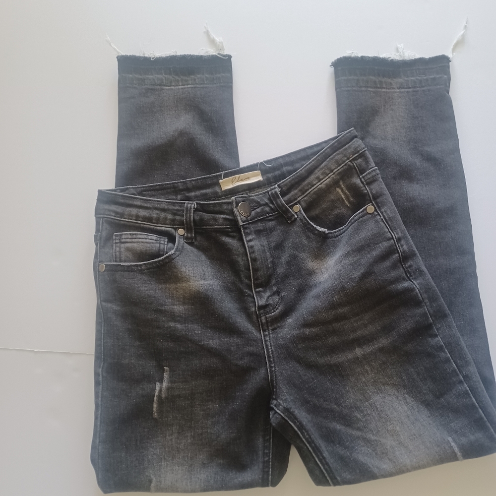 Elan Jeans black washed high rise distressed raw edge skinny sz M
